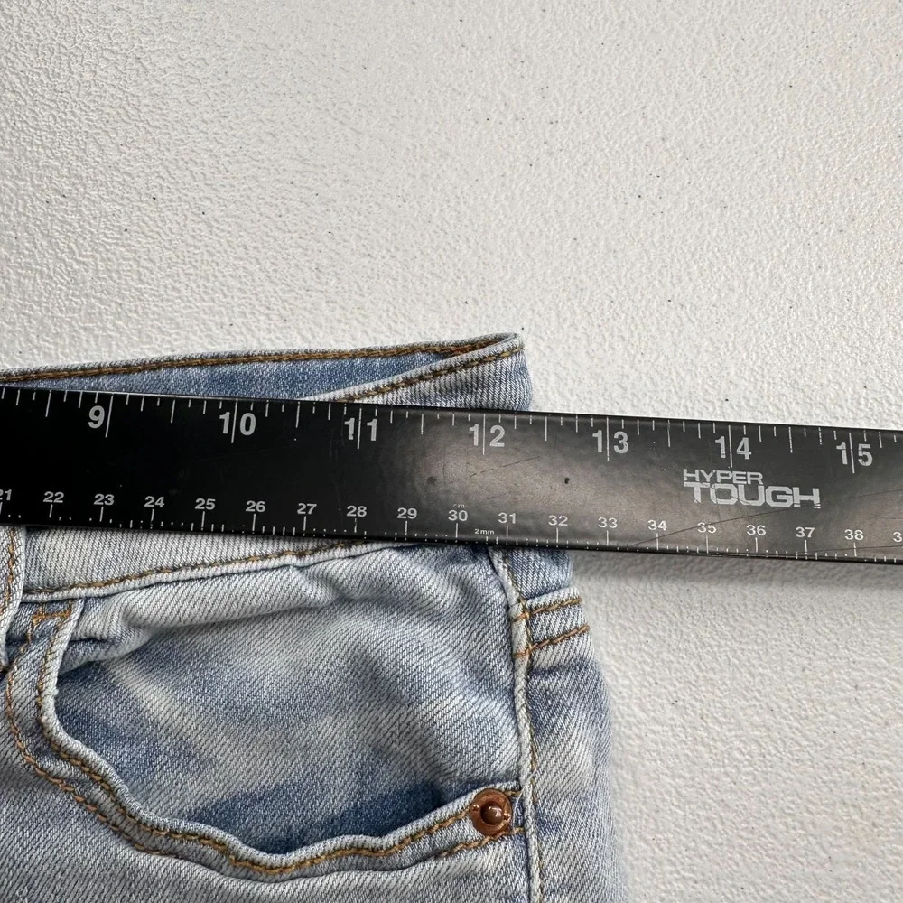 Distressed Light Blue Denim Shorts Vanilla Star Mid Rise Midi Length Jean Size 0
